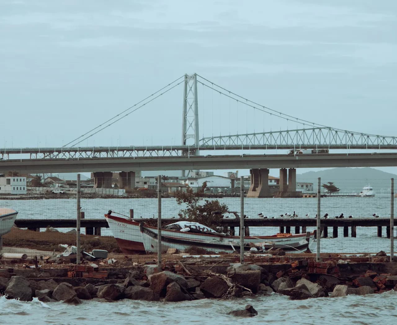 Ponte Hercílio Luz sobre a baía de Florianópolis, com barcos junto à margem
